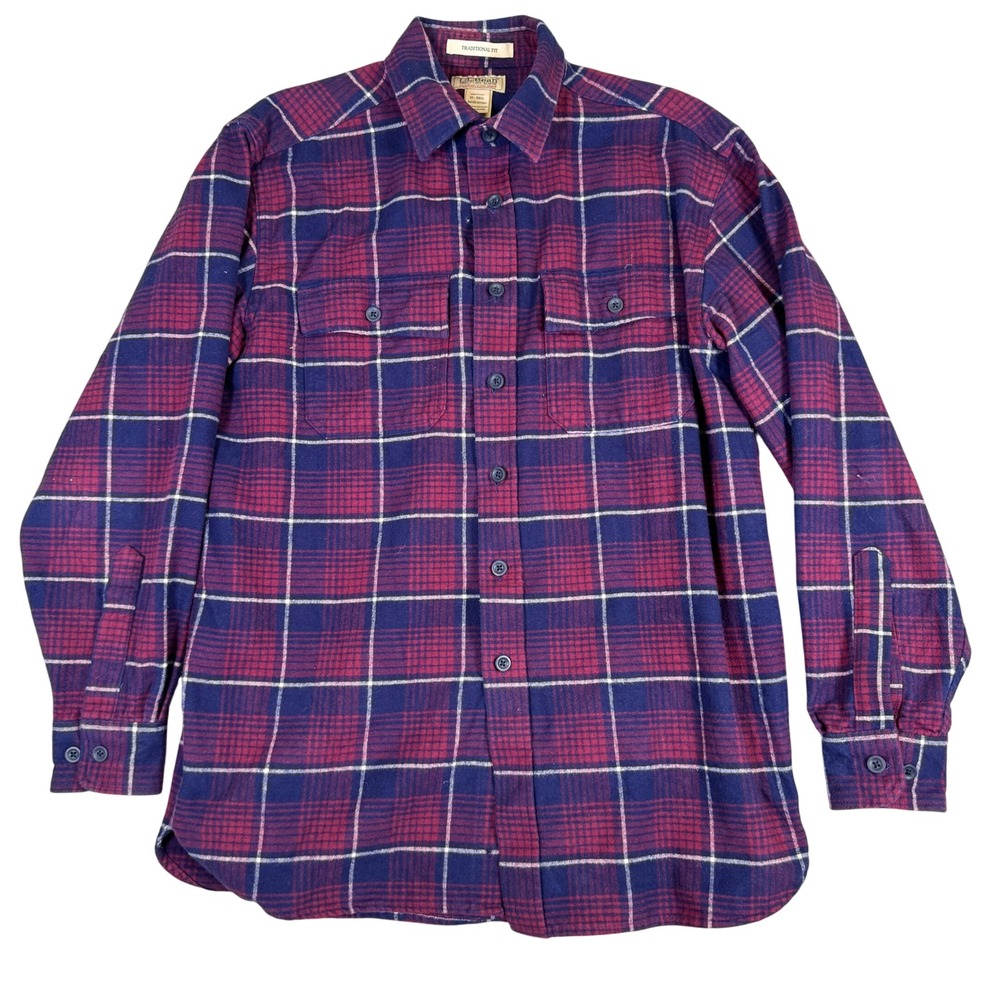 LL Bean Chamois Cloth Shirt Mens Medium Traditional Fit Plaid Burgundy Navy Blue